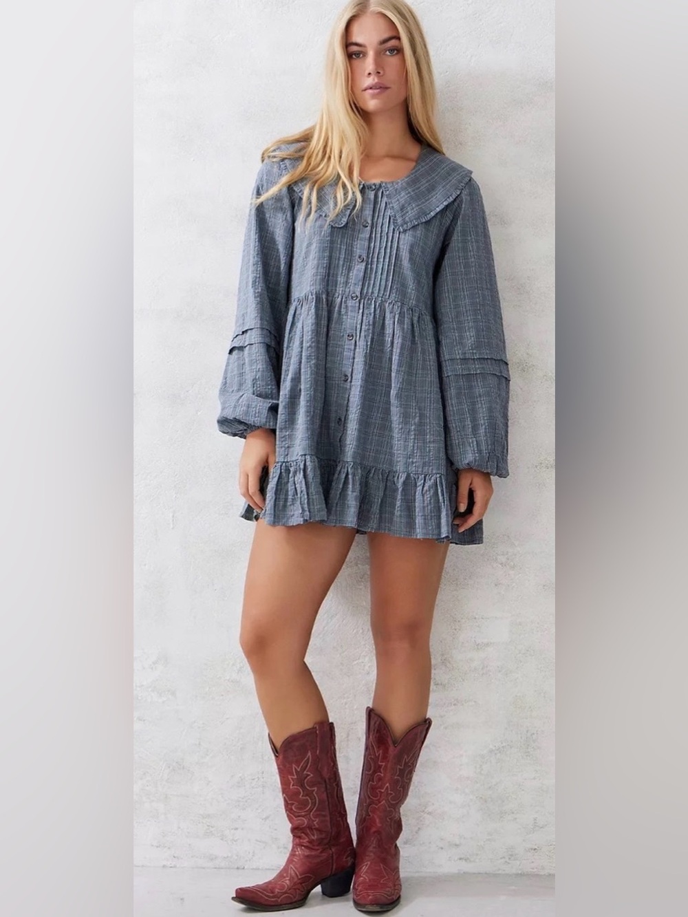 BDG Check Collar Long Sleeve Mini Dress